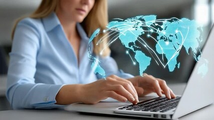 Global Connectivity in Action: A focused businesswoman in a light blue blouse intently working on a laptop, with a world map graphic overlay symbolizing global connections and business expansion. - Powered by Adobe