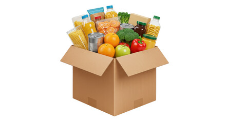 Overflowing food donation box with diverse groceries  fresh produce