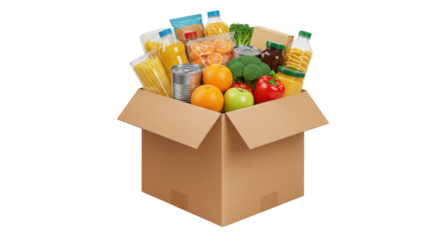 Overflowing food donation box with diverse groceries  fresh produce