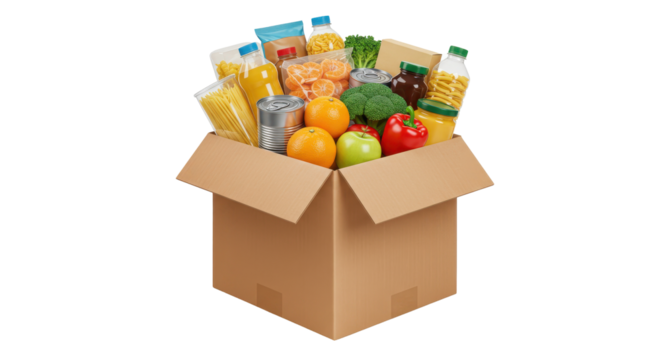 Overflowing food donation box with diverse groceries  fresh produce