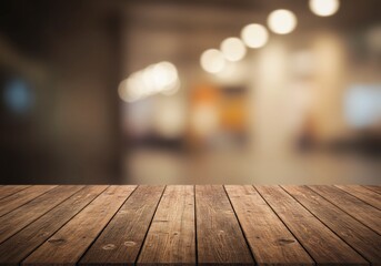 温かい木目調テーブル 柔らかな光が輝く背景ぼかし