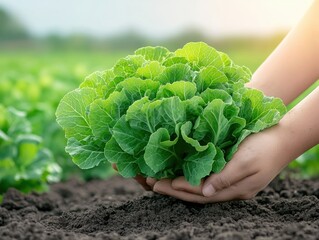 Hands gently hold a vibrant, leafy green plant, freshly harvested from fertile dark soil in a sunlit field