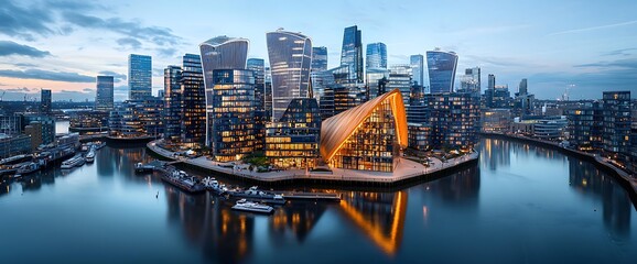 Obraz premium Panoramic view of modern city skyline, illuminated waterfront