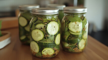 Homemade pickled cucumbers preserved in a glass jar with brine and spices