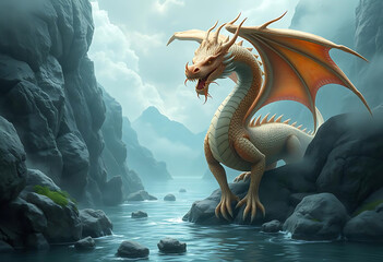 Fototapeta premium Dragon perched on rocky river canyon with majestic fantasy wings