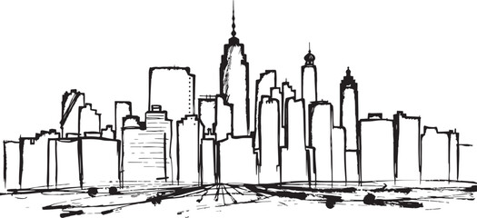 Obraz premium City landscape. Line urban backdrop, different buildings on street, doodle street draw, outline cityscape hand sketch, flat houses. Hand drawn vector illustration