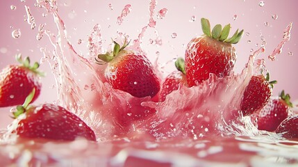 Explosion of a strawberry in stylized form, with fragments of red fruit against a pale pastel pink background