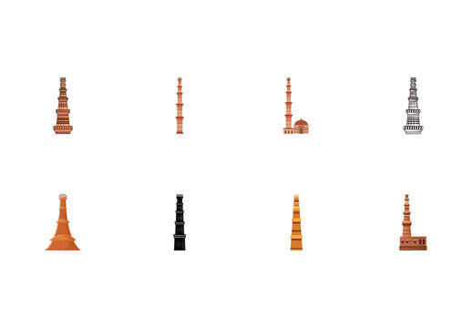 Brown And Black Qutub Minar Landmark India Monument Icons Set
