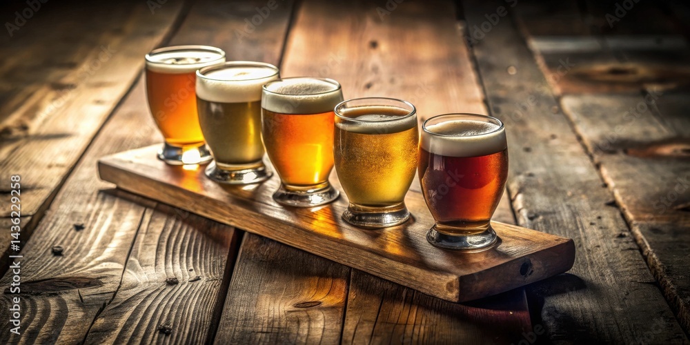 Poster A Wooden Board Displaying a Flight of Assorted Beers with Frothy Heads on a Rustic Table