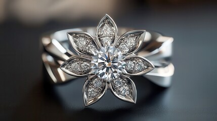 diamond ring with flower-inspired deco structure, sharp angular petals, elegant contrast 