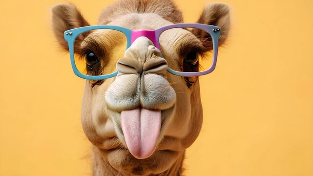 A comical close-up of a camel drummer wearing bright sunglasses and sticking out its tongue against a clean background. Perfect for fun projects and animal advertising.