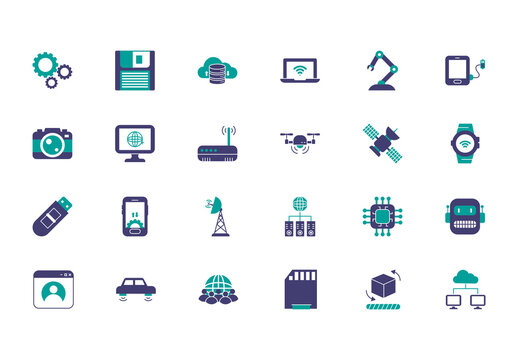 Green And Blue Futuristic Technology Network Icons Set