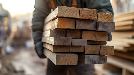 Worker Holding Stacked Wooden Planks