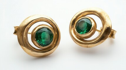 gold spiral earrings with green gemstones, biomorphic forms, natural elegance 