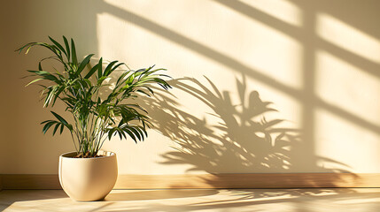 Fototapeta premium Potted plants casting shadows on wall indoor space nature photography soft natural light close-up view tranquil atmosphere