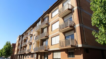 Obraz premium Modern Apartment Building Facade with Balconies and Lush Greenery on a Sunny Day