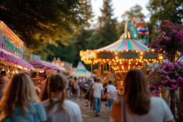 Evening stroll through a vibrant carnival with twinkling lights and joyful laughter under the summer sky