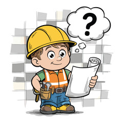 Cartoon Boy Construction Worker with Blueprint Vector