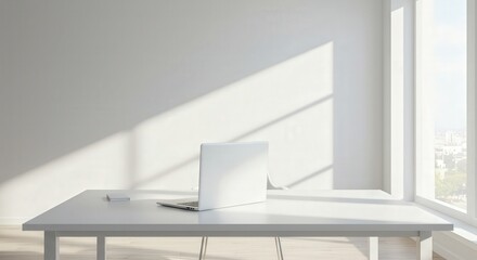 "Empty minimalist office: white desk, open laptop without logo, clean light wall, natural daylight coming through a large window, minimalist style."