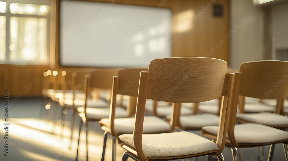 Poster classroom setup with rows of chairs facing whiteboard educational environment soft focus minimalist 