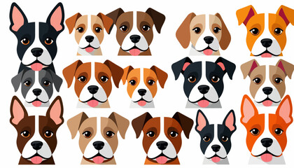 Cute Cartoon Dog Faces_ Variety of Breeds and Colors_ Perfect for Dog Lovers_ Adorable Puppy Portraits_ Dog Breed Illustration Collection_ Pet Design Elements