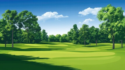 Fototapeta premium Lush green golf course under a clear blue sky with vibrant trees in the background