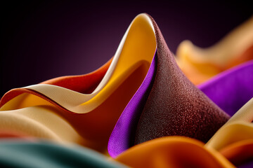 Vibrant fabric waves dance under the soft glow of light in an artistic display of color and texture