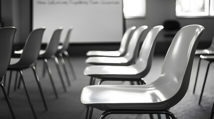 Classroom setup for learning educational center photography indoor soft focus rows of chairs facing whiteboard
