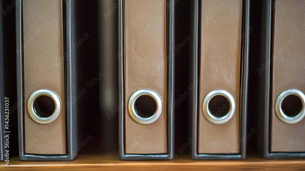 Poster organized rows of identical binders in a softly highlighted office setting