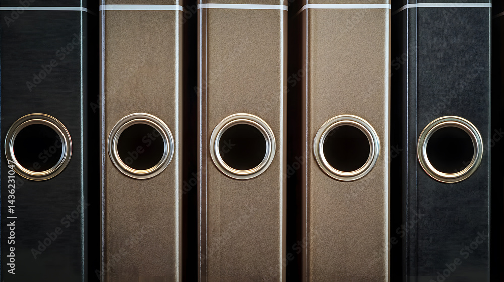 Poster organized rows of identical binders in soft highlights for business documentation modern office sett