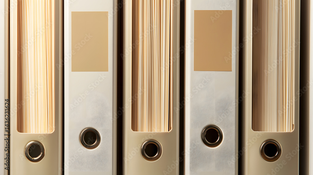Aufkleber organized rows of identical binders in soft highlights office setting corporate environment close-up
