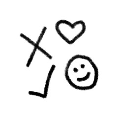 Hand-drawn doodle set with smiley face, heart, checkmark, and cross, textured with charcoal brush style, isolated on white background, perfect for creative design elements.