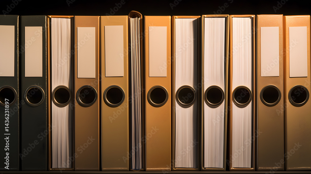 Poster organized rows of identical binders office environment document storage soft highlights professional