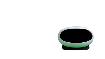 Sleek, glossy device with a circular black display; green & silver accents on dark backdrop