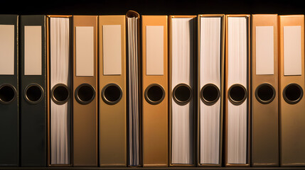 Organized rows of identical binders office environment document storage soft highlights professional viewpoint