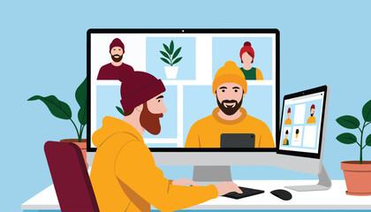 Remote Work_Video Call_Online Meeting Illustration_Man Working From Home_Virtual Conference_Team Communication_Distance Learning_Telecommuting_Digital Collaboration