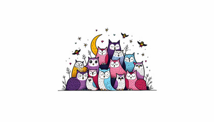 Fototapeta premium A collection of cute owls gathers under the moon, creating a charming and whimsical illustration.