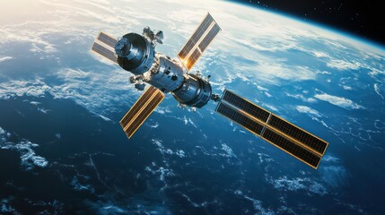 Obraz premium Satellite orbiting earth, showcasing technological prowess and human exploration