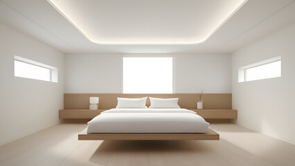 Minimalist bedroom with floating bed and soft lighting creating calm and peaceful atmosphere in modern space