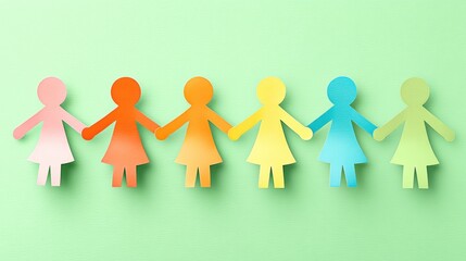 Colorful paper cutouts of people holding hands, symbolizing unity and diversity on a light green background.