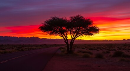 Tree on Roadside During Sunset
