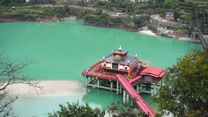 January 24th 2022. Rudraprayag Uttarakhand India. Cinematic shot of Dhari Devi Mandir, a Hindu temple located on the banks of the Alaknanda River in the Garhwal Region of Uttarakhand, India.