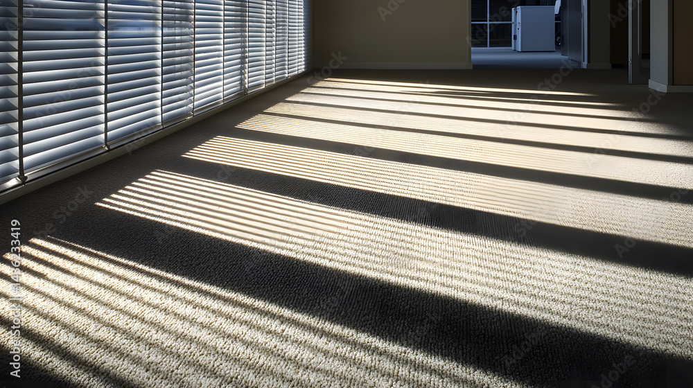 Poster moody shadows of office blinds across neutral carpet empty workspace photography calm environment gr