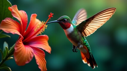 Fototapeta premium Hummingbird Feeds On A Bright Hibiscus