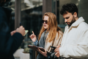Three young adults engage in a conversation outdoors while holding electronic devices and gesturing.
