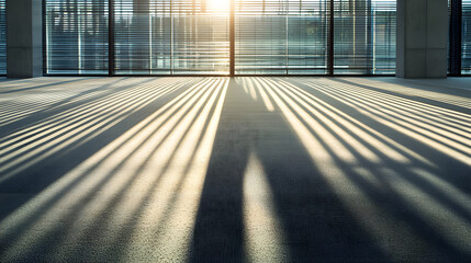 Shadows of office blinds on neutral carpet at sunset abstract composition minimalist environment dynamic viewpoint