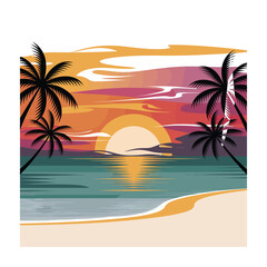 Vector Illustration of a Beautiful Beach Sunset with Calm Waves