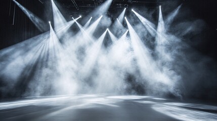 Stage lighting, smoky atmosphere, empty stage, concert venue, background for events