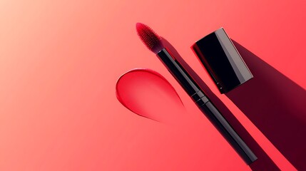 Red lipstick applicator and swatch on coral background