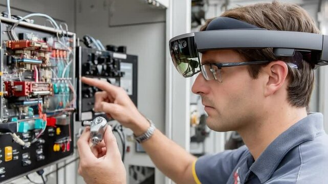 Tech-Savvy Professional at Work: A focused professional, donned in a sleek augmented reality headset, meticulously examines complex machinery.